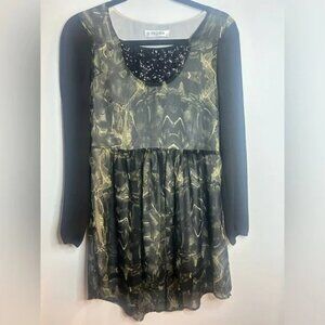 YEDINA size S, long sleeve tunic dress green and black, sequins, sheer